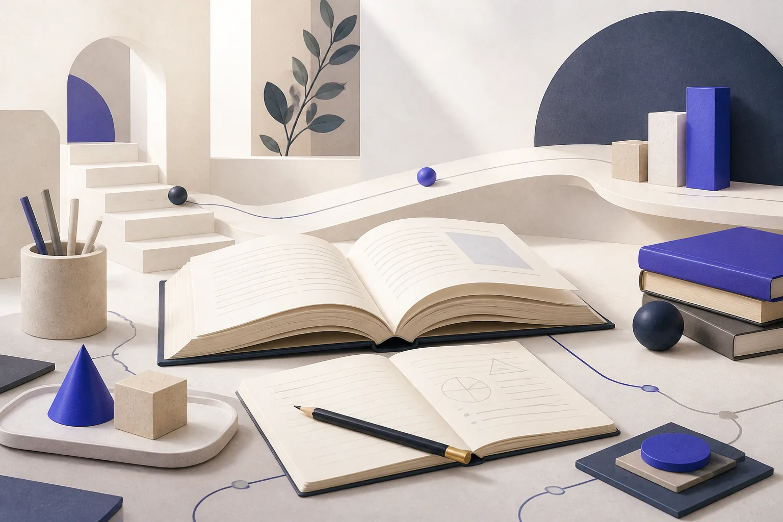 Open books, study notes, and connected learning objects arranged as a calm educational workspace